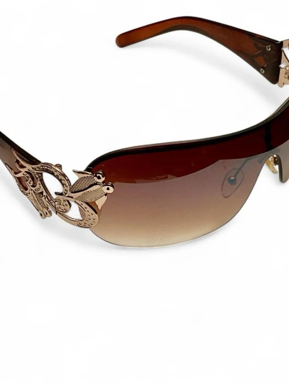Gold Embellished Brown Gradient Shield Sunglasses